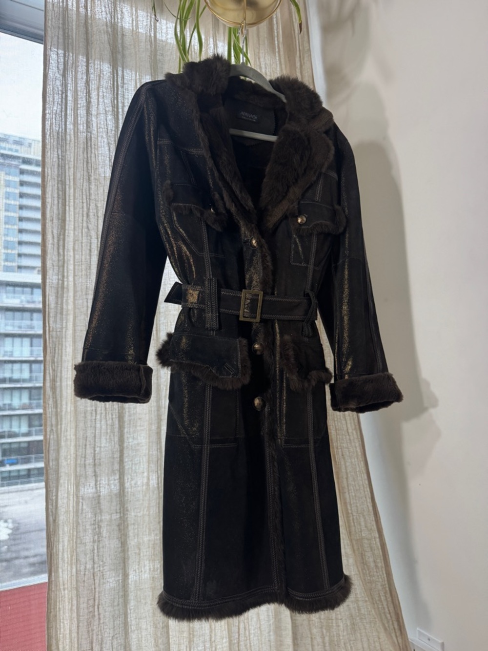 Apana Dark Brown Faux Fur Trim Belted Trench Coat